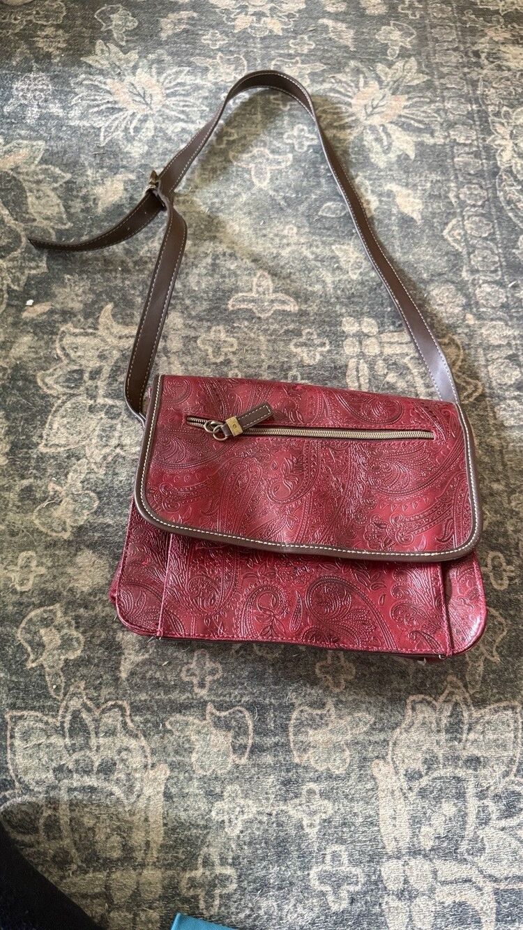 Relic Crossbody Purse Tooled Red Faux Leather Paisley Design Adjustable Strap